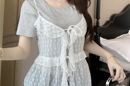 Ruffle Set: Cami Sheer + Plain Crew Tee Short-Sleeve Floral Top Neck