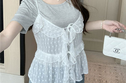 Ruffle Set: Cami Sheer + Plain Crew Tee Short-Sleeve Floral Top Neck