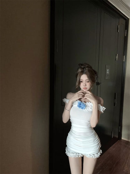 Off-Shoulder High Pants Ruffle Detail / Trim T-Shirt Waist Lace Plain Hot Flower