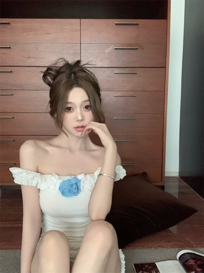 Off-Shoulder High Pants Ruffle Detail / Trim T-Shirt Waist Lace Plain Hot Flower