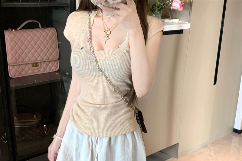 Beaded T-Shirt Scoop Neck Sheer Plain Short-Sleeve