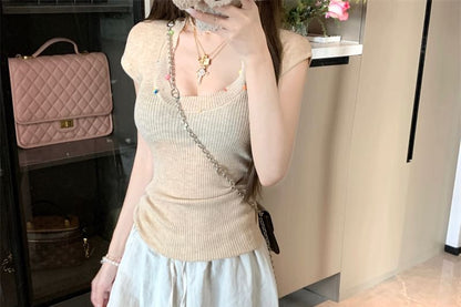 Beaded T-Shirt Scoop Neck Sheer Plain Short-Sleeve