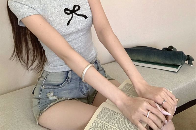 Bow Round Cropped Short-Sleeve Print T-Shirt Neck