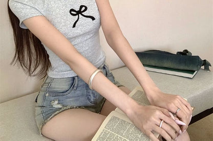 Bow Round Cropped Short-Sleeve Print T-Shirt Neck