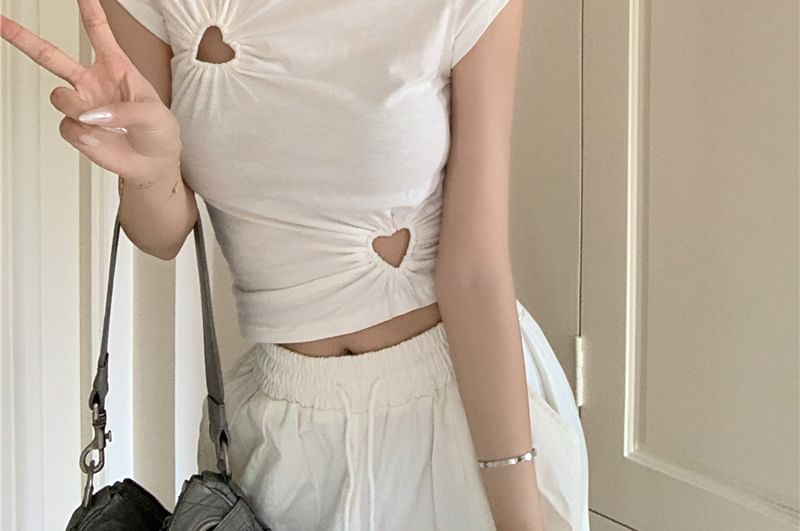 Crew Neck T-Shirt Short-Sleeve Plain Cropped Cutout