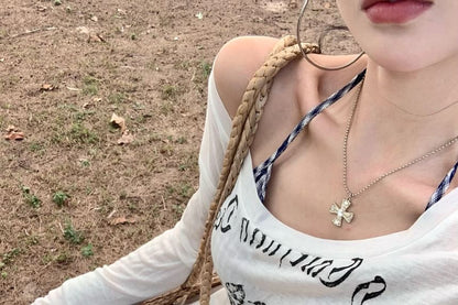 T-Shirt Lettering One-Shoulder Long-Sleeve