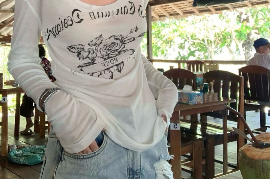 T-Shirt Lettering One-Shoulder Long-Sleeve