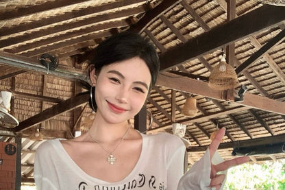 T-Shirt Lettering One-Shoulder Long-Sleeve