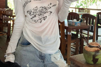 T-Shirt Lettering One-Shoulder Long-Sleeve