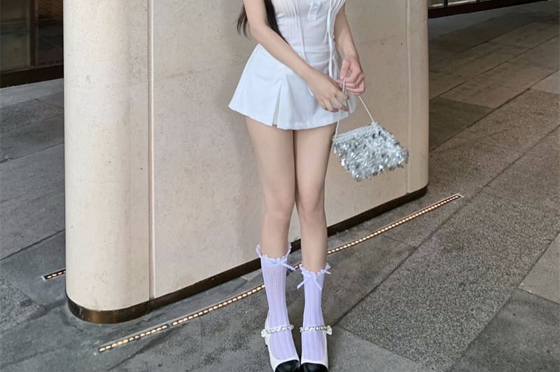 Plain Cap-Sleeve Lace T-Shirt Ruffle Trim