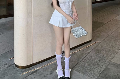 Plain Cap-Sleeve Lace T-Shirt Ruffle Trim