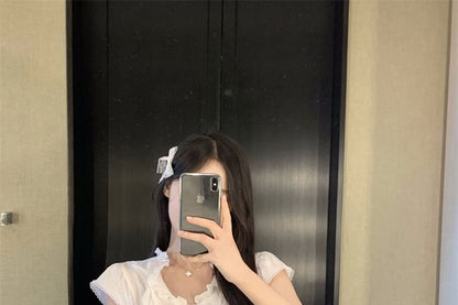 Plain Cap-Sleeve Lace T-Shirt Ruffle Trim