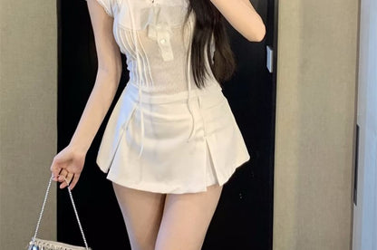 Plain Cap-Sleeve Lace T-Shirt Ruffle Trim