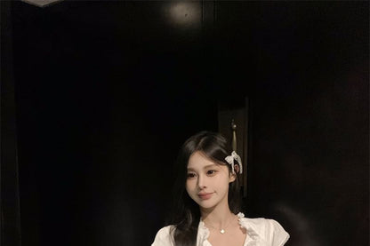 Plain Cap-Sleeve Lace T-Shirt Ruffle Trim