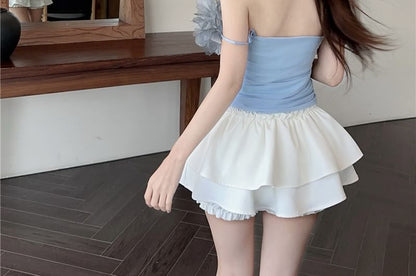 Off-Shoulder Flower Detail T-Shirt Plain