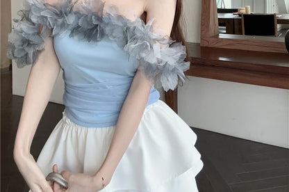 Off-Shoulder Flower Detail T-Shirt Plain