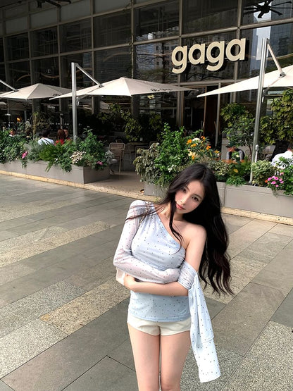 T-Shirt Dotted One-Shoulder Long-Sleeve