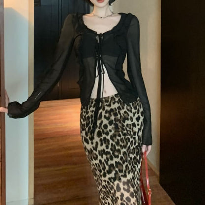 Front-Slit Long-Sleeve Plain Sheer Print Skirt / Top Maxi Leopard High Waist Mermaid