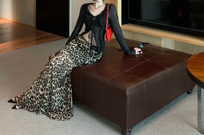 Front-Slit Long-Sleeve Plain Sheer Print Skirt / Top Maxi Leopard High Waist Mermaid