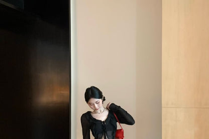 Front-Slit Long-Sleeve Plain Sheer Print Skirt / Top Maxi Leopard High Waist Mermaid