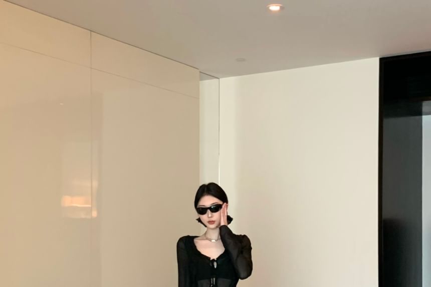 Front-Slit Long-Sleeve Plain Sheer Print Skirt / Top Maxi Leopard High Waist Mermaid