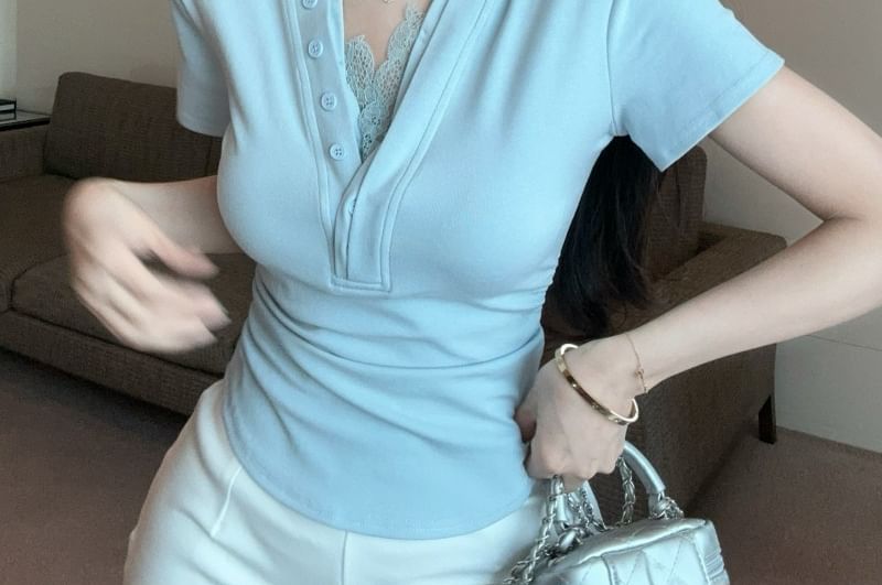 V-Neck Plain Trim Ruched T-Shirt Short-Sleeve Lace