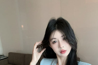 V-Neck Plain Trim Ruched T-Shirt Short-Sleeve Lace