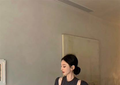 Neck Plain Mock Two-Piece Pants Long-Sleeve High Flared Waist / Crew T-Shirt