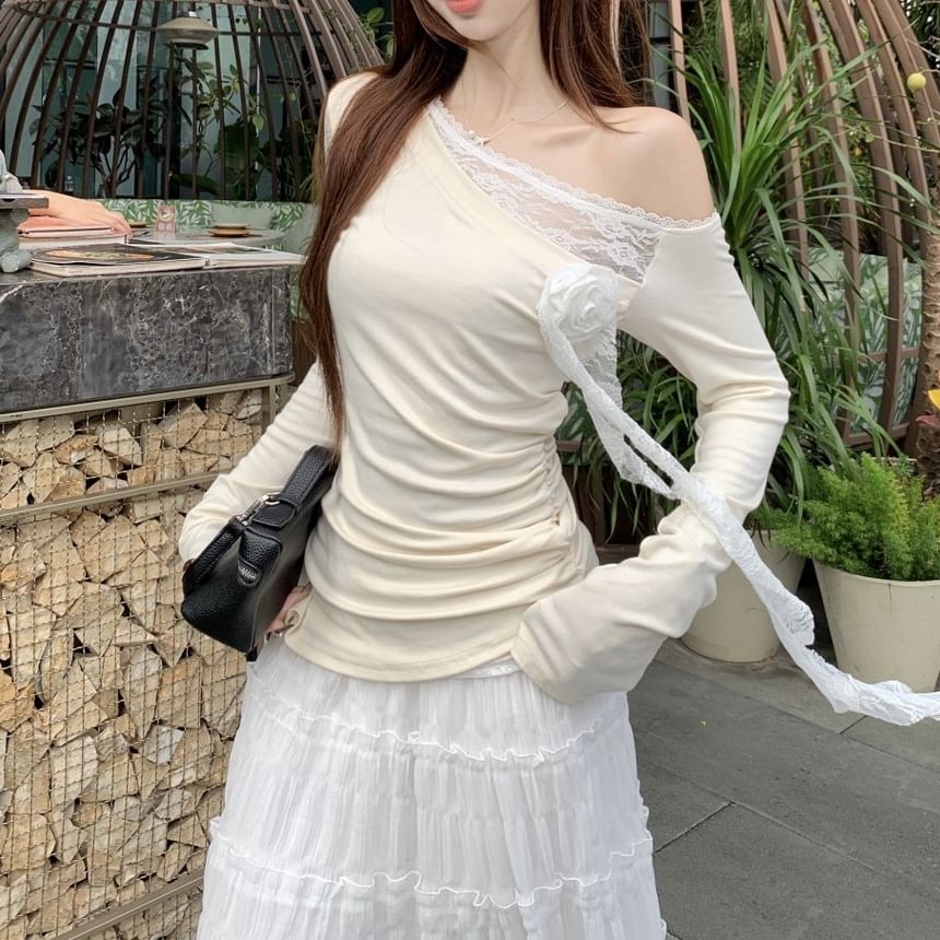 High Lace Plain Long-Sleeve Maxi Rise Ruched A-Line / Trim Asymmetrical One-Shoulder Skirt Tee
