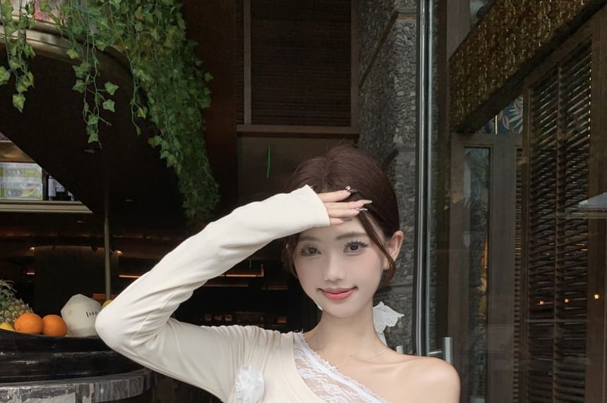 High Lace Plain Long-Sleeve Maxi Rise Ruched A-Line / Trim Asymmetrical One-Shoulder Skirt Tee
