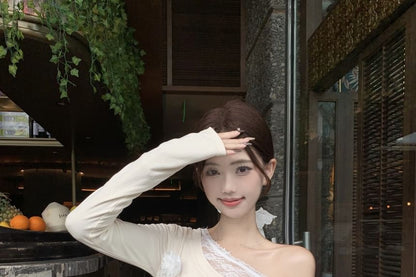 High Lace Plain Long-Sleeve Maxi Rise Ruched A-Line / Trim Asymmetrical One-Shoulder Skirt Tee