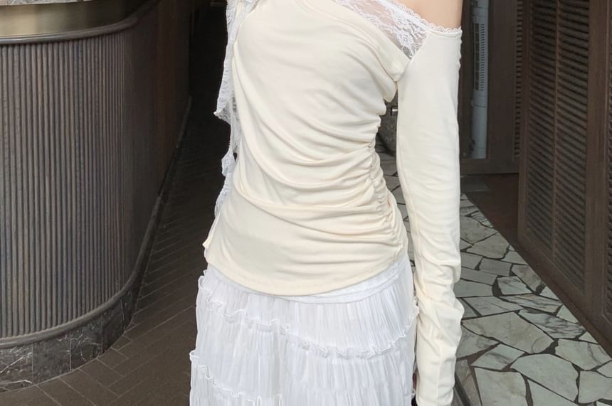 High Lace Plain Long-Sleeve Maxi Rise Ruched A-Line / Trim Asymmetrical One-Shoulder Skirt Tee