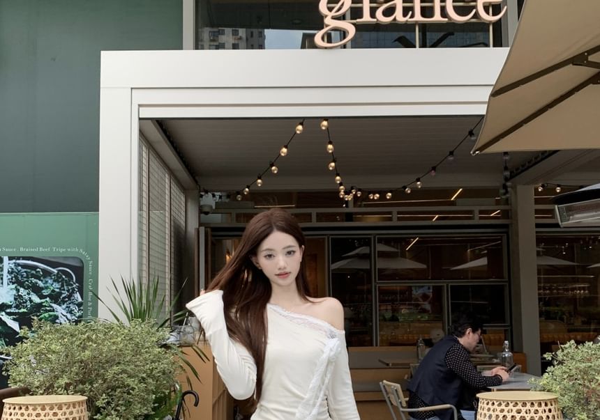 High Lace Plain Long-Sleeve Maxi Rise Ruched A-Line / Trim Asymmetrical One-Shoulder Skirt Tee