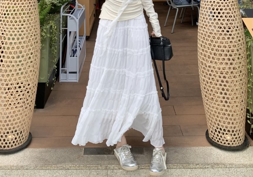 High Lace Plain Long-Sleeve Maxi Rise Ruched A-Line / Trim Asymmetrical One-Shoulder Skirt Tee