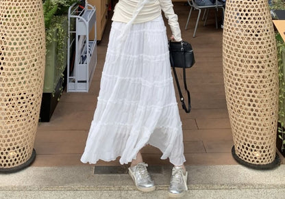 High Lace Plain Long-Sleeve Maxi Rise Ruched A-Line / Trim Asymmetrical One-Shoulder Skirt Tee