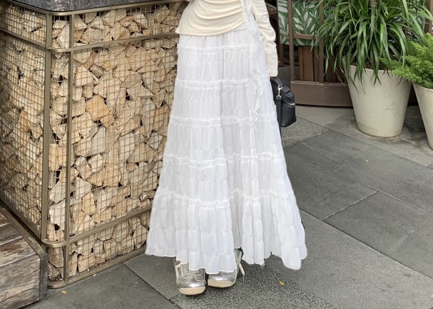 High Lace Plain Long-Sleeve Maxi Rise Ruched A-Line / Trim Asymmetrical One-Shoulder Skirt Tee