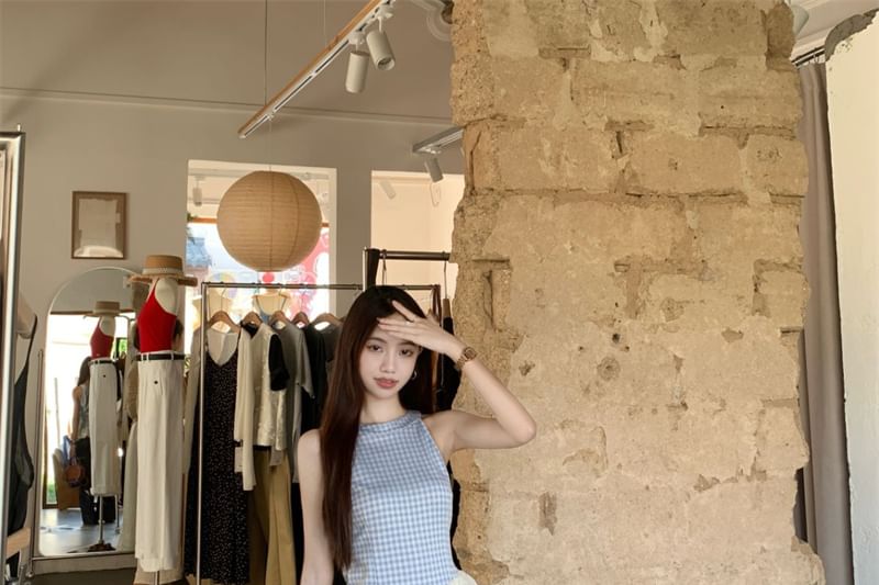 Top Jeans Cami Panel Washed High Leg Waist Wide Plaid Asymmetrical /