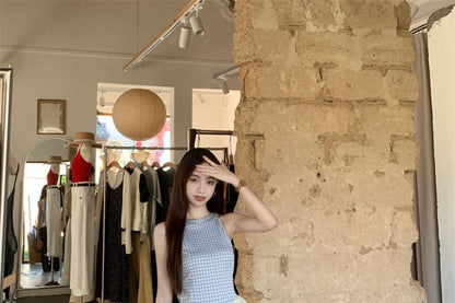 Top Jeans Cami Panel Washed High Leg Waist Wide Plaid Asymmetrical /