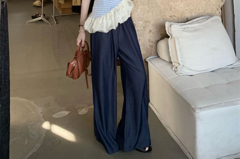 Top Jeans Cami Panel Washed High Leg Waist Wide Plaid Asymmetrical /