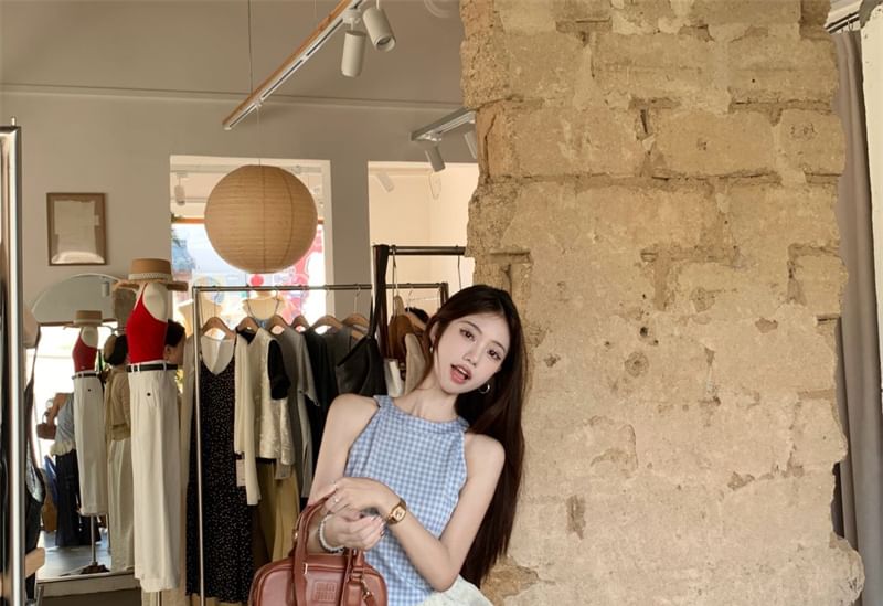 Top Jeans Cami Panel Washed High Leg Waist Wide Plaid Asymmetrical /