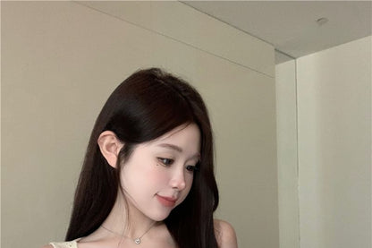 Top Button Lace Tank Panel V-Neck