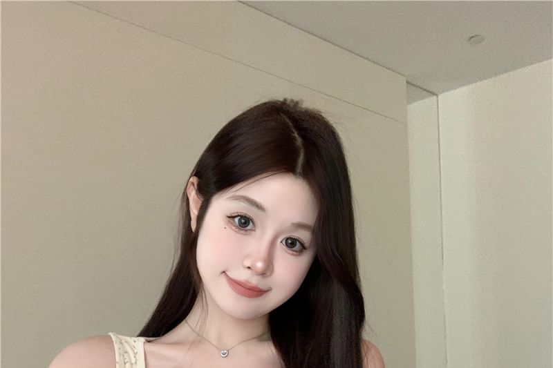 Top Button Lace Tank Panel V-Neck