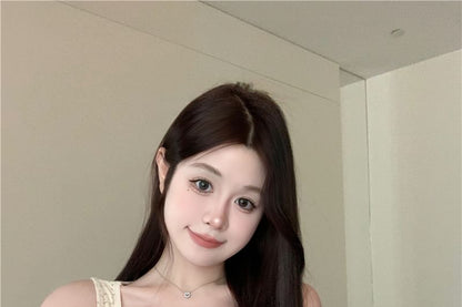 Top Button Lace Tank Panel V-Neck