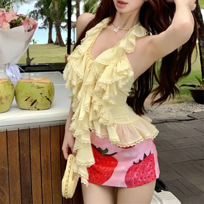 Ruffle Top Print Strawberry Pencil Skirt High Plain / Waist Halter Mini