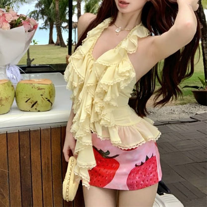 Ruffle Top Print Strawberry Pencil Skirt High Plain / Waist Halter Mini