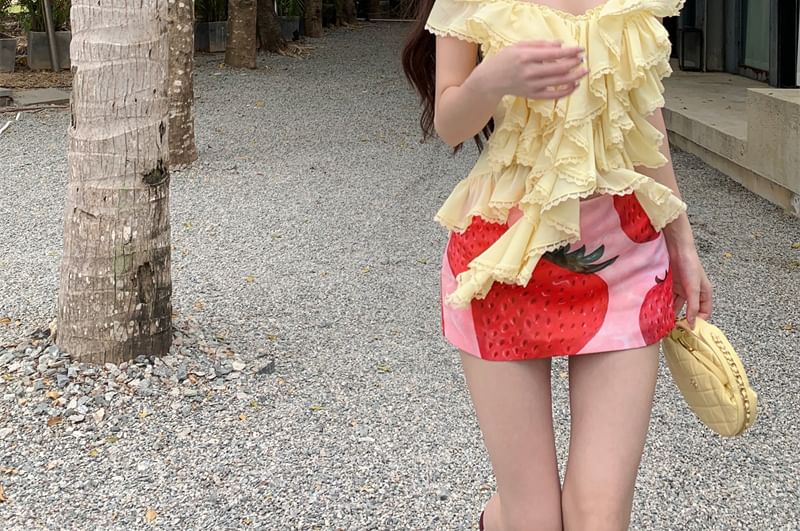 Ruffle Top Print Strawberry Pencil Skirt High Plain / Waist Halter Mini