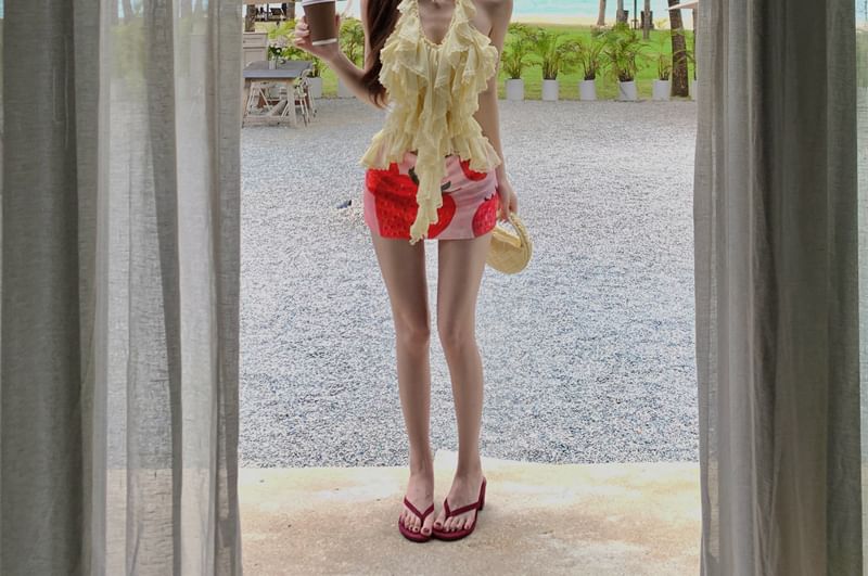 Ruffle Top Print Strawberry Pencil Skirt High Plain / Waist Halter Mini