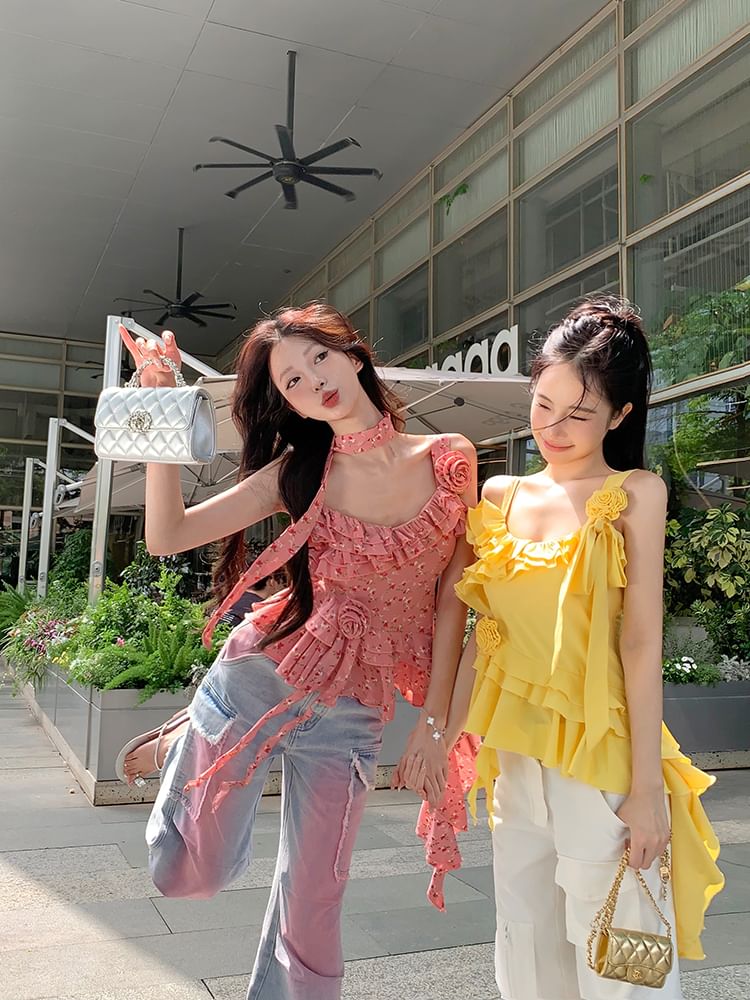 Floral Ruffle Top Cami Plain Asymmetrical Detail