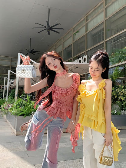 Floral Ruffle Top Cami Plain Asymmetrical Detail