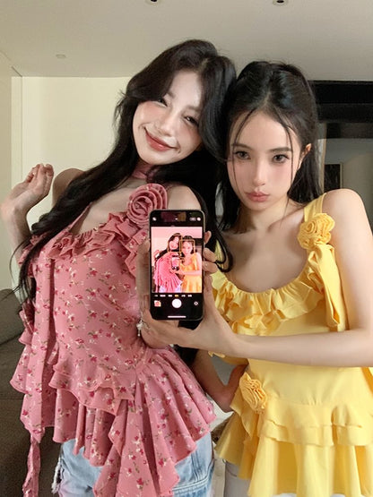 Floral Ruffle Top Cami Plain Asymmetrical Detail